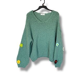 Talulah Women’s Oversized Knit 3D Floral Teal  Sweater Size Small Boho Cottage